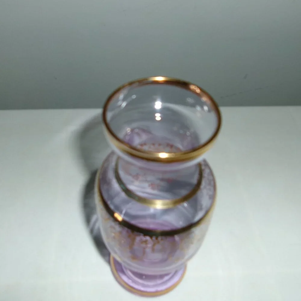 Vintage Egyptian Style Lilac Glass Vase With Gold Trim